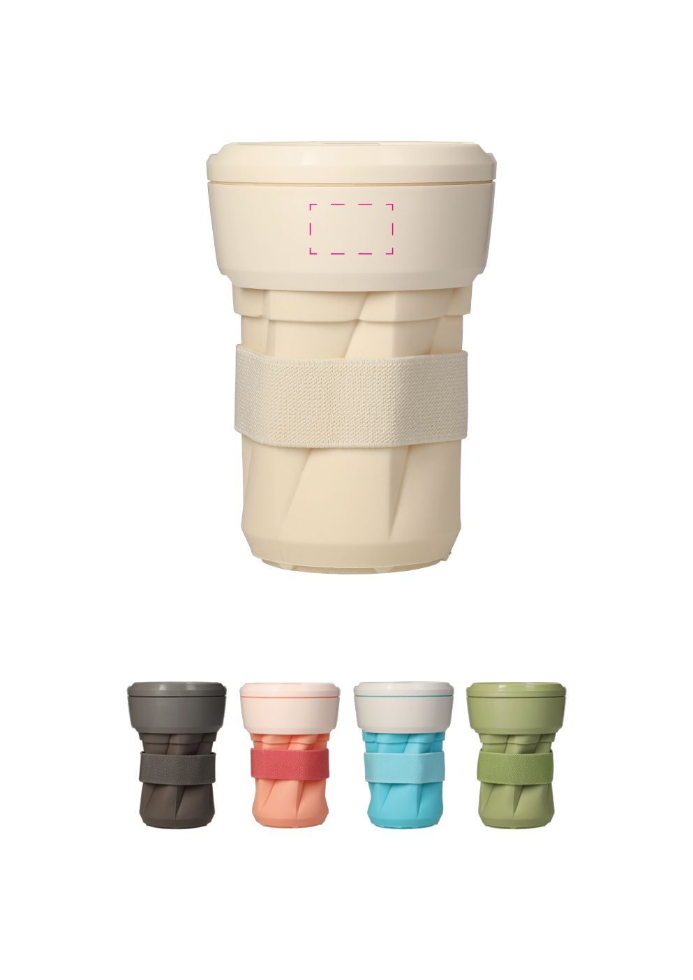 Standskizze: Druckposition „mittig (max. 25×15 mm)“ – Faltbarer Kaffeebecher up2u 350 ml – Mehrwegbecher