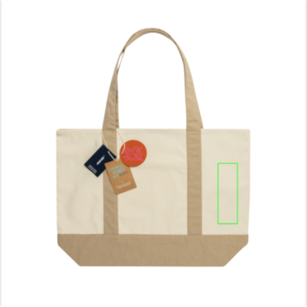 Standskizze: Druckverfahren Digital Transfer auf Position „Artikel Vorderseite rechts (max. 50 x 150 mm)“ – XD Xclusive SHOP LOCAL AWARE™ Tragetasche aus recycelter Baumwolle, 350 g/m², bedruck- und bestickbar