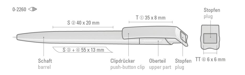 Standskizze: Druckverfahren Tampondruck auf Position „auf dem Clip (max. 35 x 8 mm)“ – RECYCLED PET PEN Druckkugelschreiber