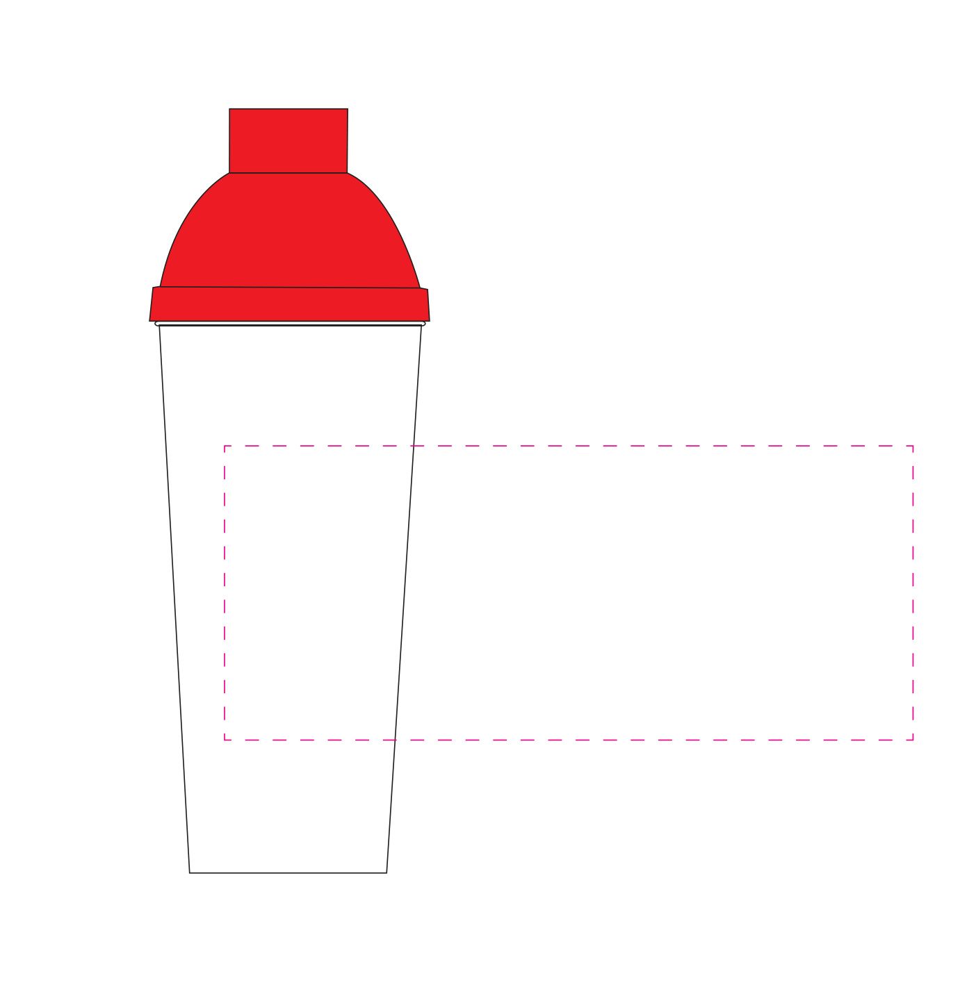Standskizze: Druckposition „rundum, mittig (max. 210×90 mm)“ – Shaker Lagoon 0,5 l – transparenter Kunststoff mit Schraubdeckel