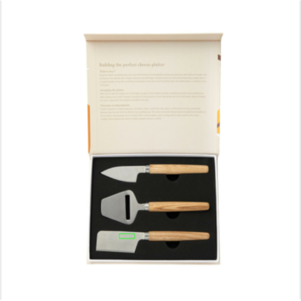 Standskizze: Druckverfahren Lasergravur auf Position „Messer (max. 30 x 10 mm)“ – VINGA Retro Käsemesser-Set, 3-teilig mit Eschenholz-Griff