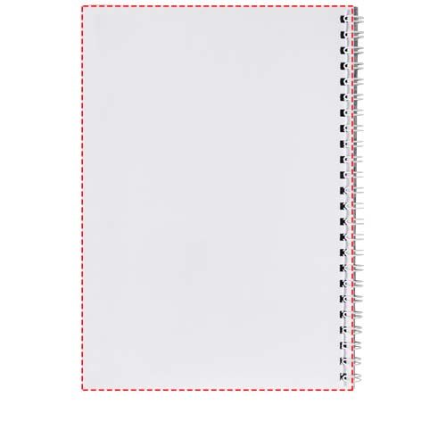 Standskizze: Druckverfahren Druck auf Papier auf Position „Rückseite Hochformat, Rücken rechts (max. 148 x 210 mm)“ – Desk-Mate® A5 Spiralnotizbuch mit bedruckter Rückseite