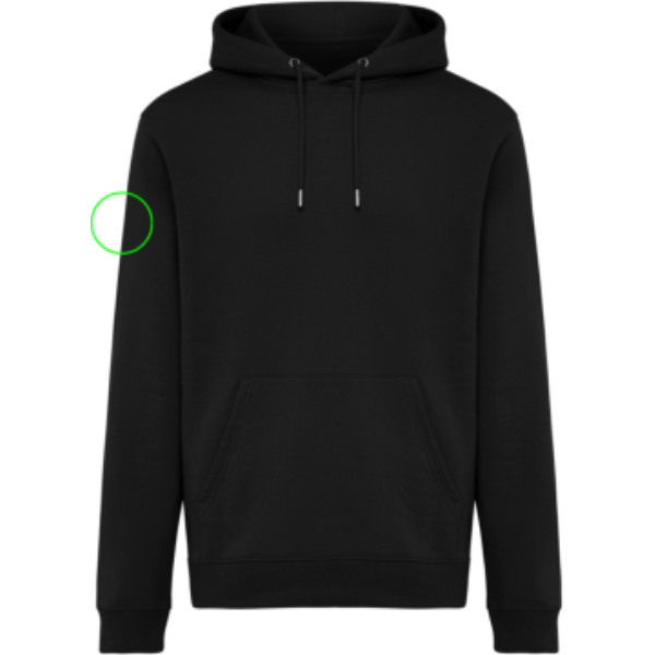 Standskizze: Druckverfahren Bestickung auf Position „Ärmel rechts“ – IQONIQ Joshua Hoodie 340 g/m² aus Bio- und recycelter Baumwolle – mit Logo bestickbar und bedruckbar