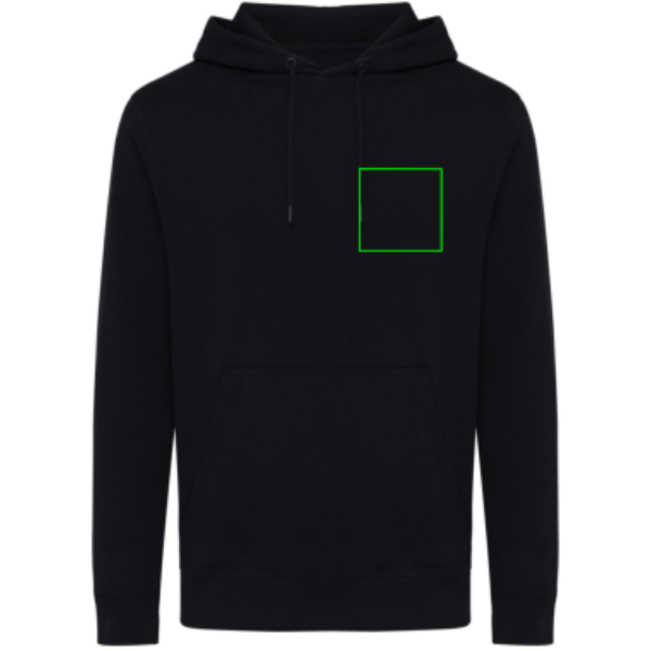 Standskizze: Druckverfahren Siebdruck Transfer auf Position „linke Brustseite“ – iqoniq Rila Hoodie aus 30 % recycelter und 70 % Bio-Baumwolle, bedruckbar