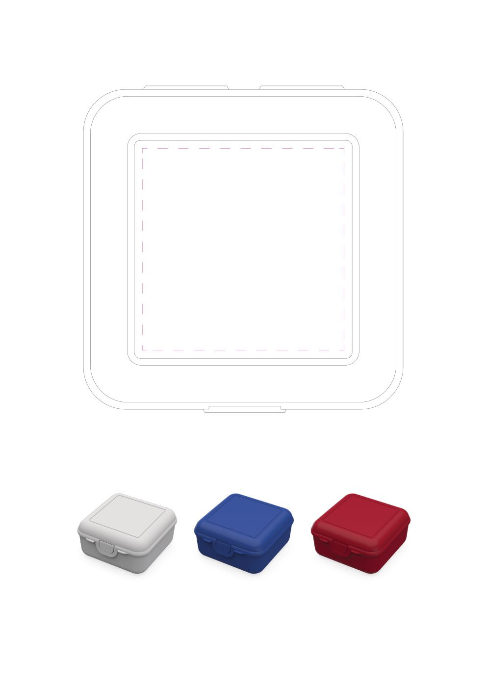 Standskizze: Druckposition „Deckel (max. 87×87 mm)“ – Vorratsdose Cube deluxe – Brotzeitbox 137 × 143 × 70 mm mit Klickverschluss