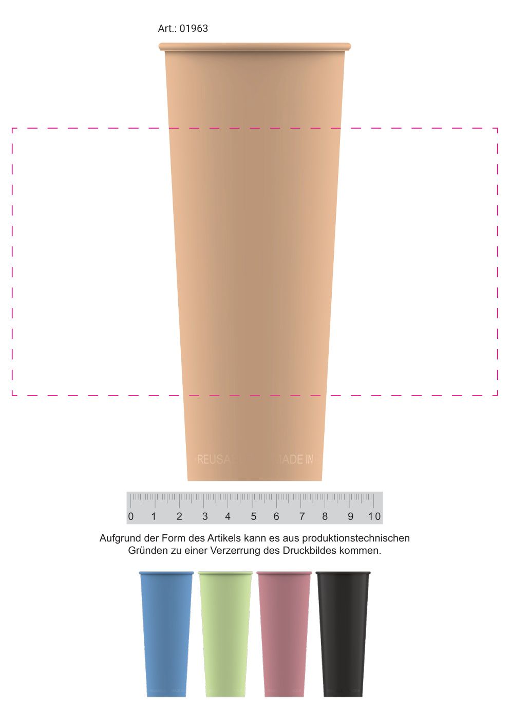 Standskizze: Druckposition „mittig (max. 200×110 mm)“ – Mehrwegbecher ToGo 0,5 l – Kunststoff, spülmaschinenfest