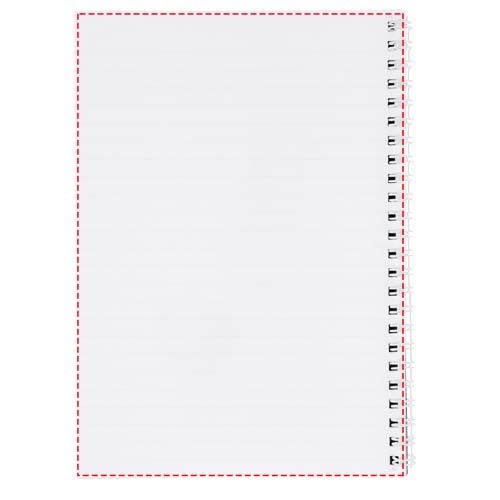 Standskizze: Druckverfahren Druck auf Papier auf Position „Rückseite der Blätter (Hochformat, Rücken rechts) (max. 210 x 297 mm)“ – Desk-Mate® A4 Notizbuch mit Kunststoff Cover und Spiralbindung