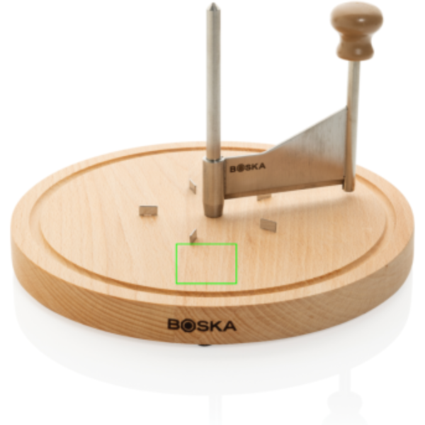Standskizze: Druckverfahren CO2 Gravur auf Position „Schneidebrett (max. 60 x 40 mm)“ – BOSKA Käseschaber Amigo aus Edelstahl mit Holzbrett – bedruckbar