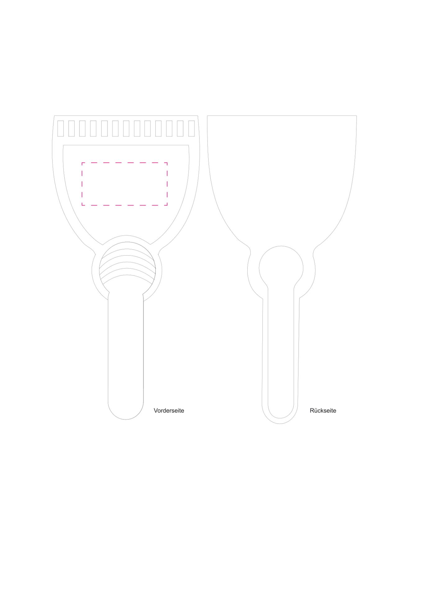 Standskizze: Druckposition „vorne (max. 60×30 mm)“ – Eiskratzer Eishexe – ergonomischer Kunststoff-Eiskratzer 215 mm