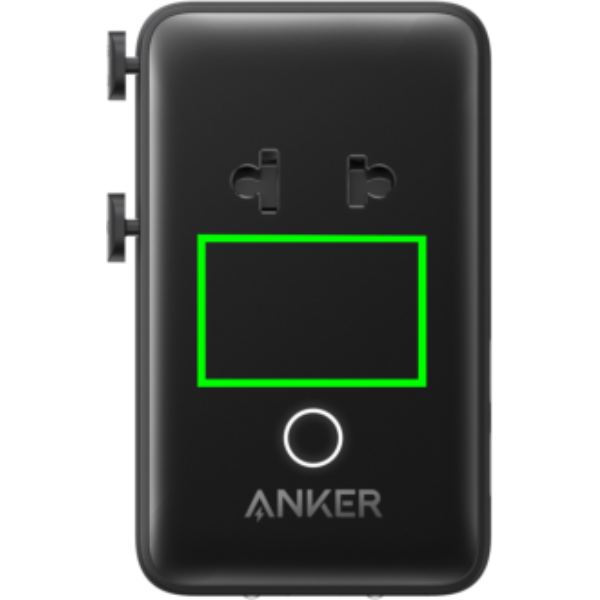 Standskizze: Druckverfahren Tampondruck auf Position „Artikel Vorderseite Mitte (max. 30 x 20 mm)“ – Anker Nano Reiseadapter 5-in-1 mit 20 W USB-C, mit Logo bedruckbar