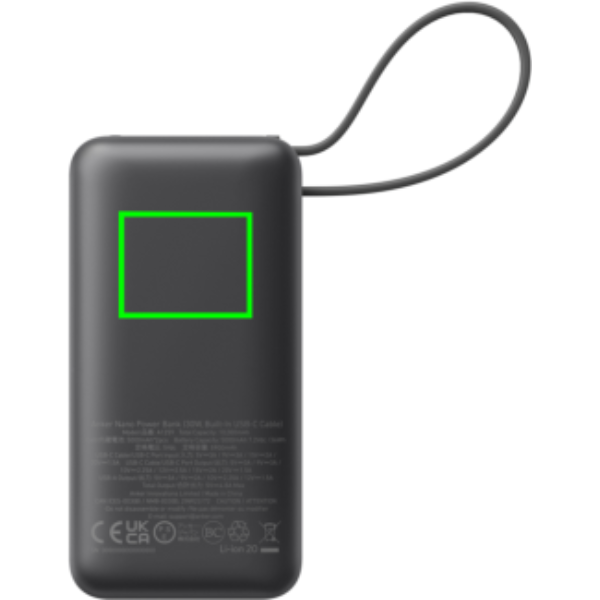Standskizze: Druckverfahren Tampondruck auf Position „Artikel Rückseite oben (max. 25 x 20 mm)“ – Anker Nano Powerbank 30W mit integriertem USB-C-Kabel – mit Logo bedruckbar
