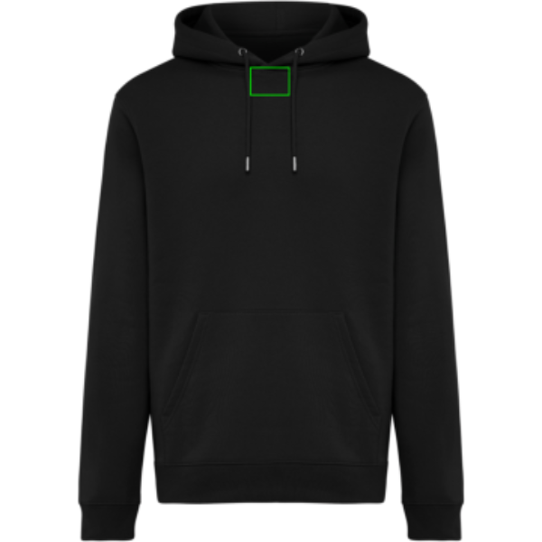 Standskizze: Druckverfahren Digital Transfer auf Position „Im Nacken (max. 70 x 50 mm)“ – IQONIQ Joshua Hoodie 340 g/m² aus Bio- und recycelter Baumwolle – mit Logo bestickbar und bedruckbar