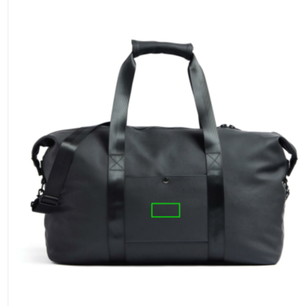 Standskizze: Druckverfahren PU-Etikett Baltimore schwarz auf Position „Artikel Rückseite“ – VINGA Baltimore Weekendbag aus Polyester mit PU-Beschichtung — bedruckbar