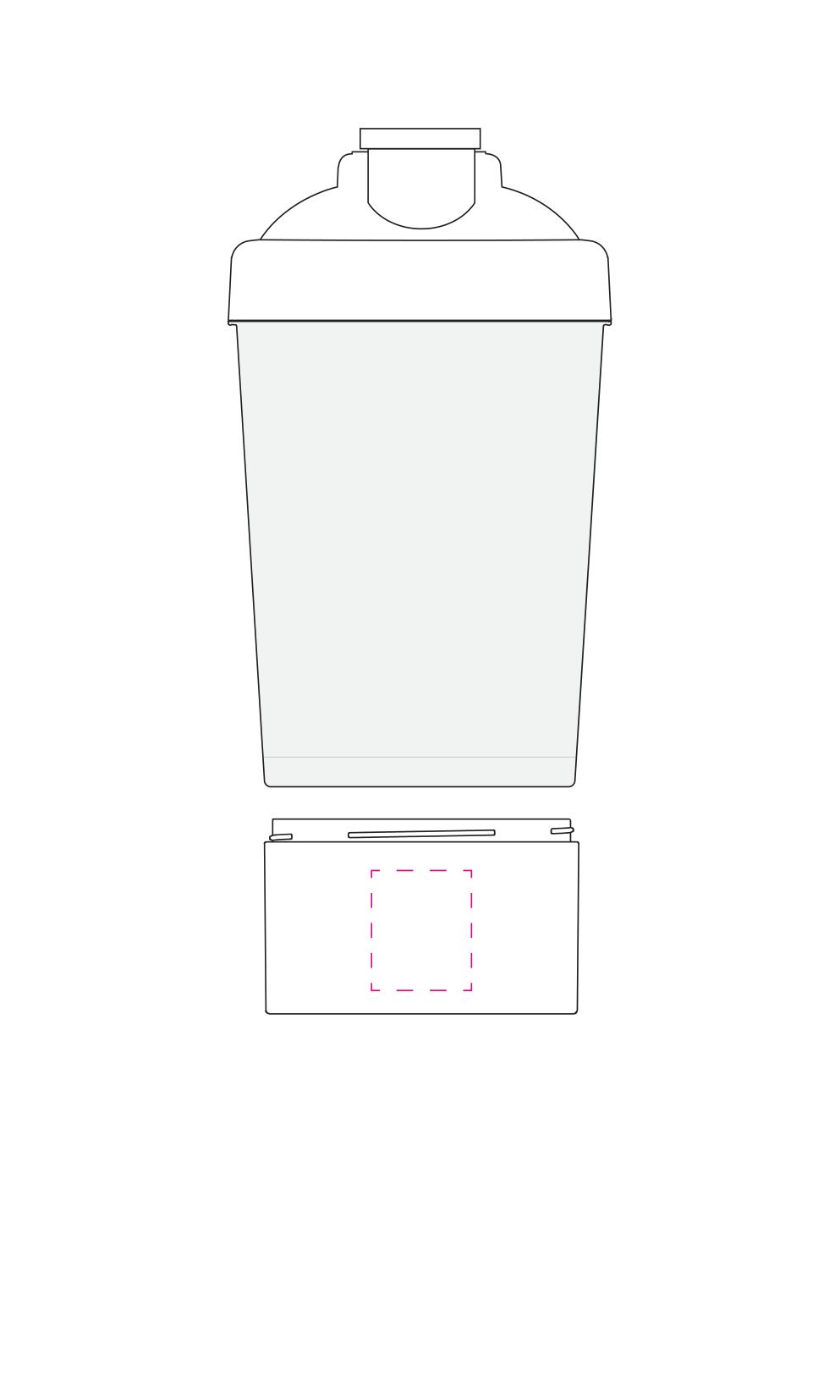 Standskizze: Druckposition „auf Pulverfach (max. 25×30 mm)“ – Protein-Shaker Pro 1, 0,4 l – mit Pulverfach und Sieb