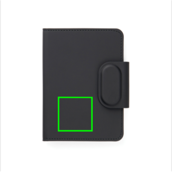Standskizze: Druckverfahren Heißprägung auf Position „Artikel Vorderseite unten (max. 40 x 40 mm)“ – VINGA Baltimore RCS Passport Cover mit Dual-Finder – Bluetooth-Tracker für Reisepass