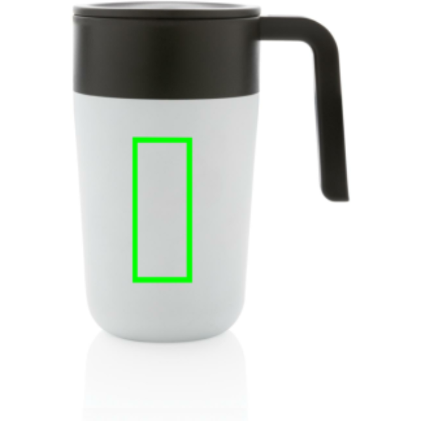 Standskizze: Druckverfahren Tampondruck auf Position „Artikel Vorderseite“ – XD Collection GRS recycelter PP-Becher mit Griff 480 ml, Edelstahl, BPA-frei
