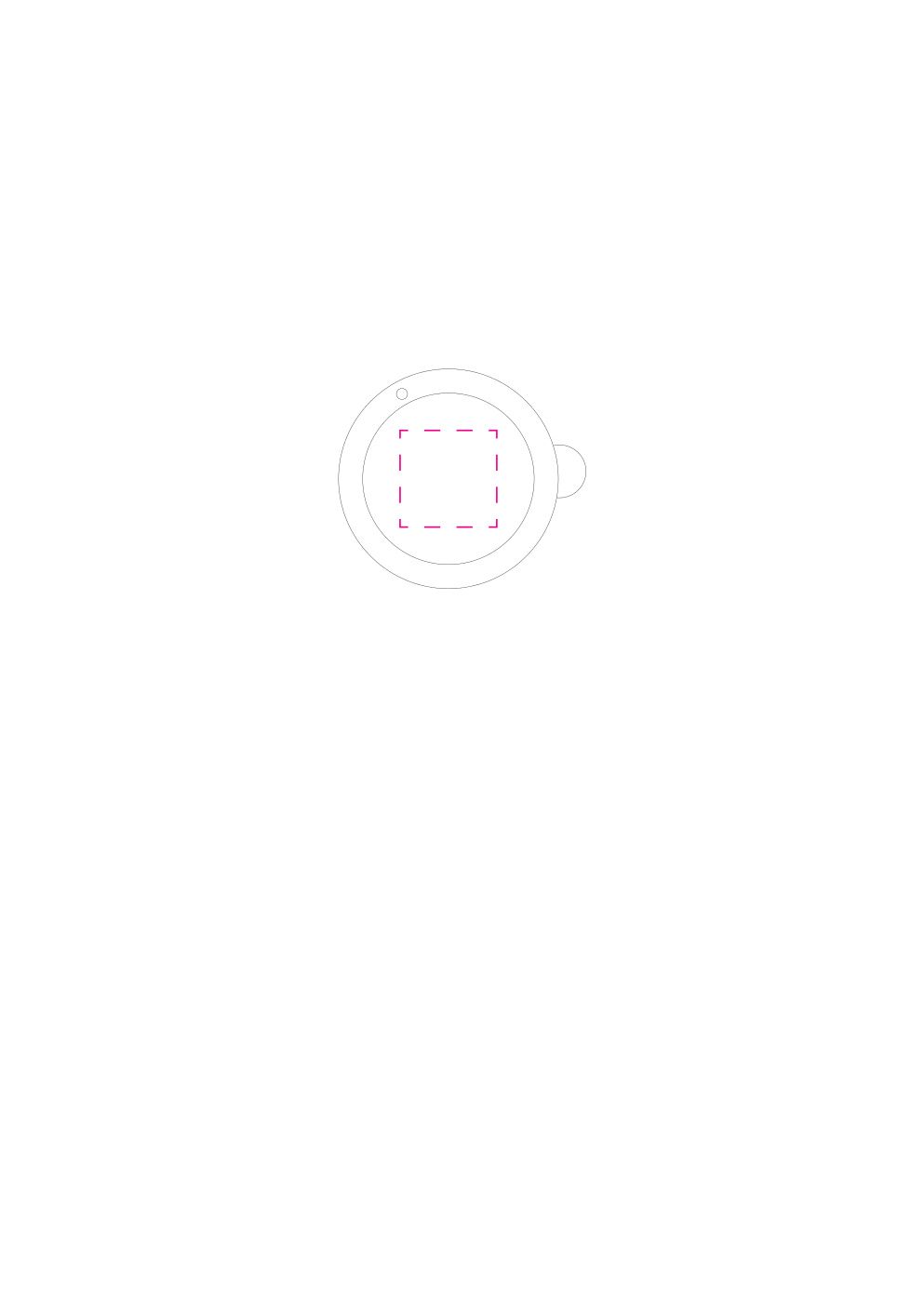 Standskizze: Druckposition „mittig (max. 22×22 mm)“ – Klapplupe Slide – 2-fach Vergrößerung, Ø 50 mm