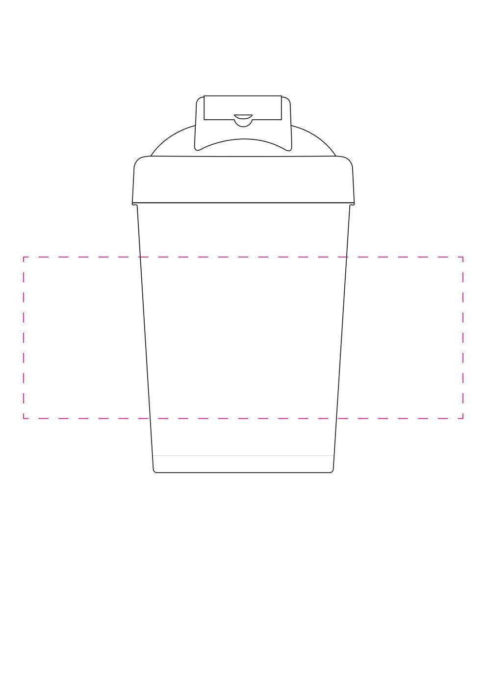 Standskizze: Druckposition „mittig seitlich gegenüber Skala (max. 190×70 mm)“ – Protein-Shaker 400 ml – Mix-Becher mit Sieb und Skala