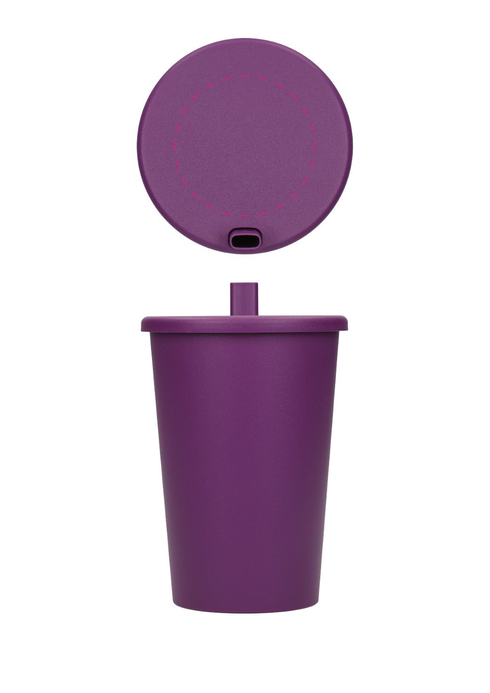 Standskizze: Druckposition „auf Deckel (max. Ø 60 mm)“ – Trinkbecher Splash 370 ml – mit Strohhalm und Teesieb, Made in Germany