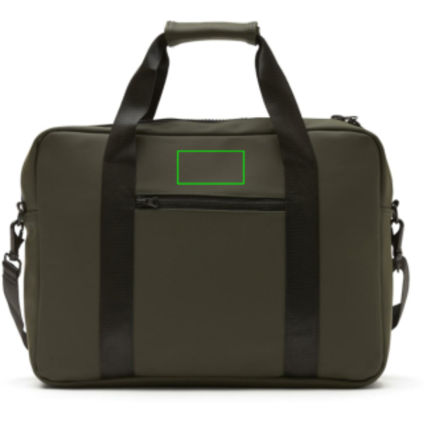 Standskizze: Druckverfahren PU-Etikett Baltimore grün auf Position „Artikel Vorderseite oben“ – VINGA Baltimore Laptoptasche 17 Zoll – bedruckbar