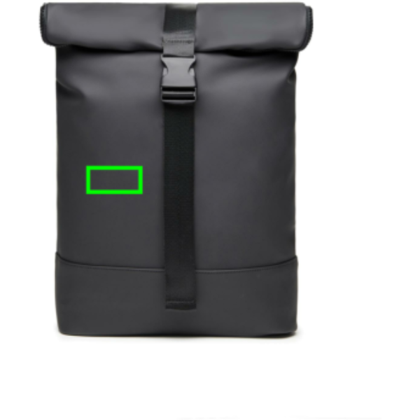 Standskizze: Druckverfahren PU-Etikett Baltimore schwarz auf Position „Artikel Vorderseite links“ – VINGA Baltimore Fahrradtasche mit 17-Zoll-Laptopfach, wandelbar zum Rucksack