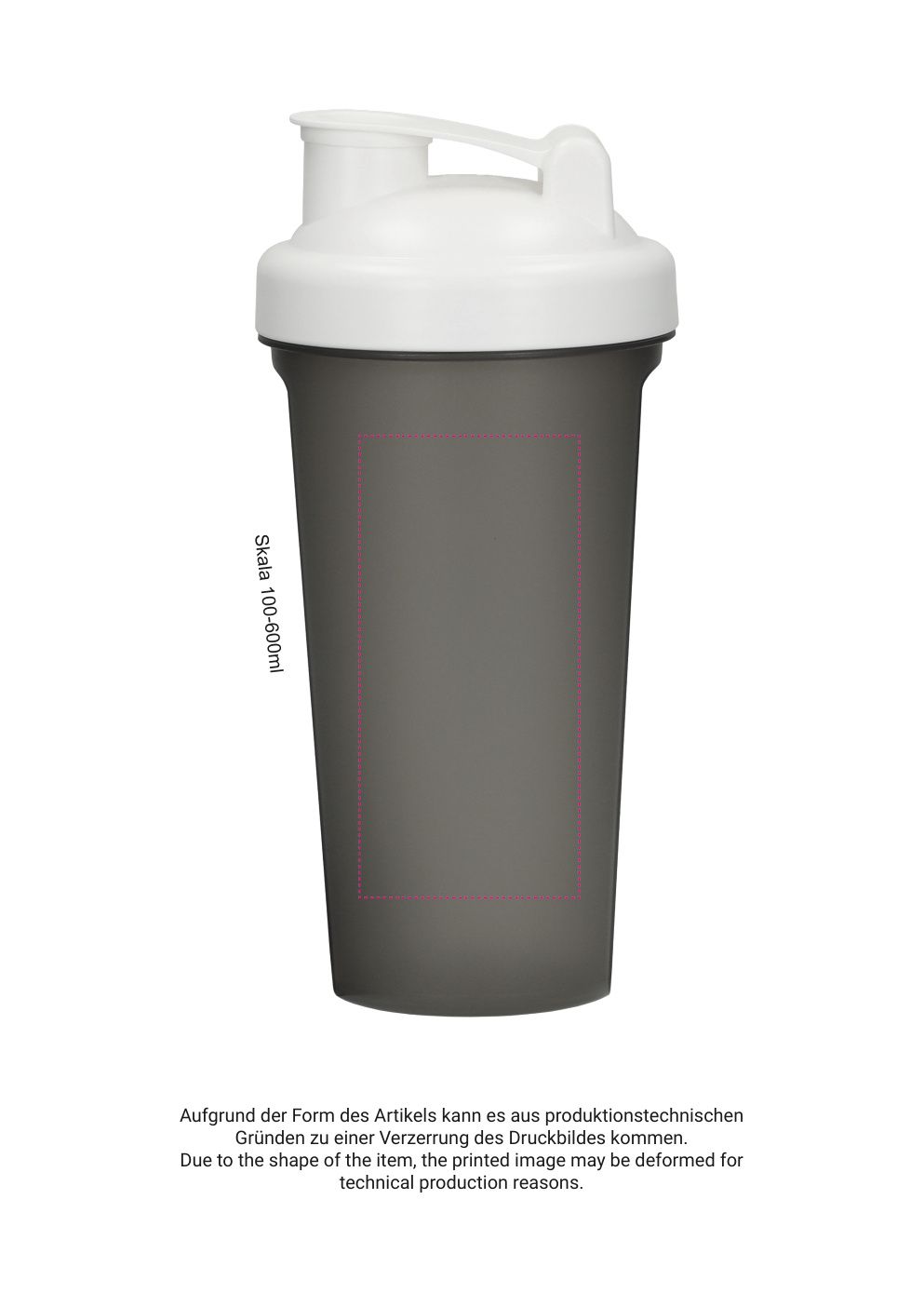 Standskizze: Druckposition „zwischen den abgeflachten Segmenten - rechts (max. 50×105 mm)“ – Protein-Shaker 600 ml – transparent mit Sieb und Skala