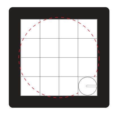 Standskizze: Druckposition „auf Steine (max. Ø 60 mm)“ – Schiebepuzzle Space 15 – Kunststoff 75 x 75 mm mit Logo bedruckbar