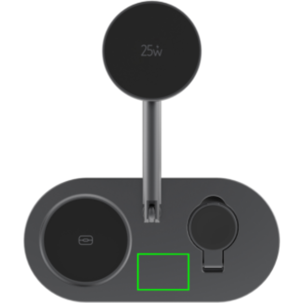 Standskizze: Druckverfahren Tampondruck auf Position „Artikel Vorderseite (max. 35 x 25 mm)“ – XD Xclusive Quantum Ultra-Fast 25W magnetischer 3-in-1 Desk-Charger