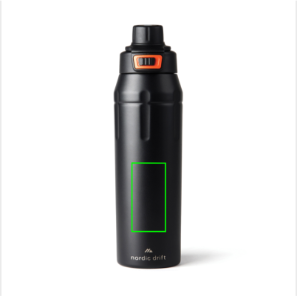 Standskizze: Druckverfahren Lasergravur auf Position „Artikel Vorderseite“ – Nordic Drift Trail Sportflasche 750 ml RCS Edelstahl, schwarz – mit Lasergravur oder Tampondruck