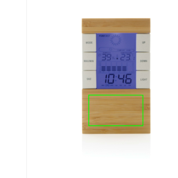 Standskizze: Druckverfahren CO2 Gravur auf Position „Artikel Vorderseite unten (max. 70 x 40 mm)“ – Utah Wetterstation aus recyceltem ABS und Bambus mit LCD-Display
