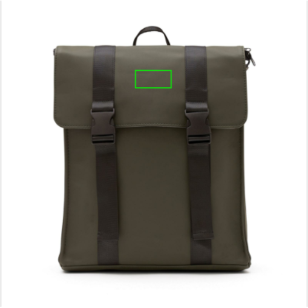 Standskizze: Druckverfahren PU-Etikett Baltimore grün auf Position „Artikel oben“ – VINGA Baltimore Rucksack mit 17-Zoll-Laptopfach zum Bedrucken