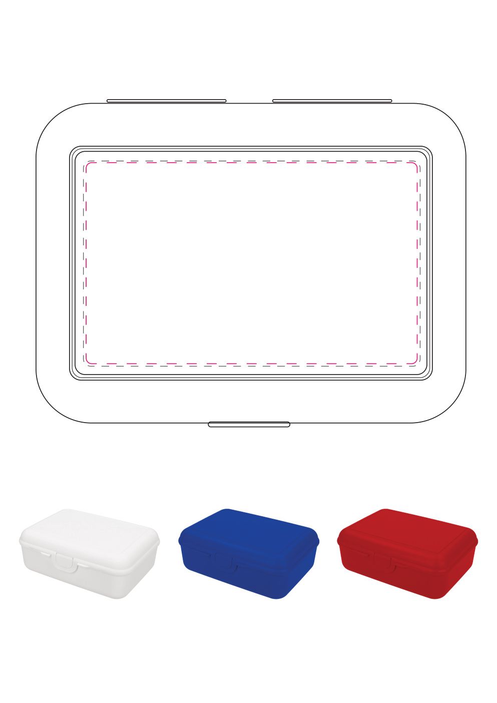 Standskizze: Druckposition „mittig auf Deckel (max. 140×85 mm)“ – Vorratsdose School-Box deluxe – PP-Brotbox 190×139×70 mm, ohne Trennschale