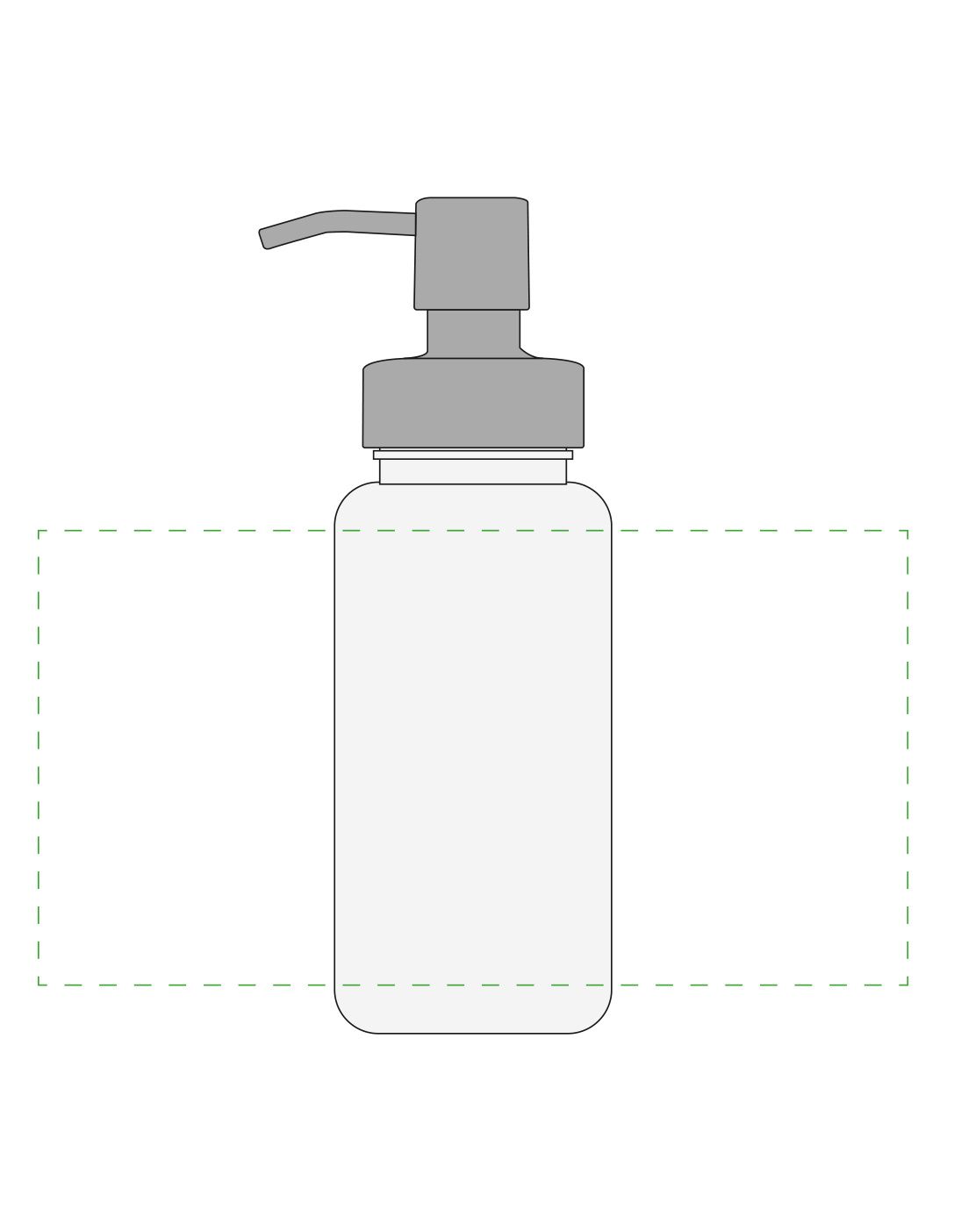 Standskizze: Druckposition „rundum (max. 210×110 mm)“ – Seifenspender Superior 400 ml – Tritan-Gefäß mit Edelstahl-Pumpe