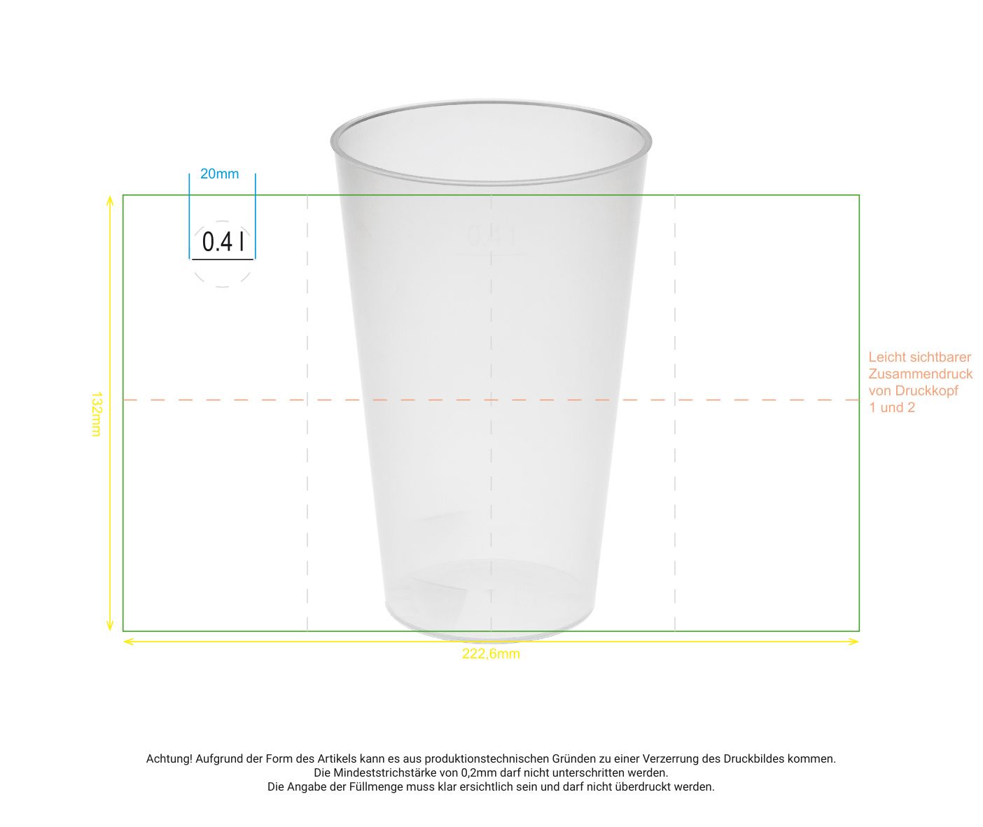 Standskizze: Druckposition „rundum (max. 222×132 mm)“ – Trinkbecher Vital 400 ml – Mehrwegbecher mit Eichstrich