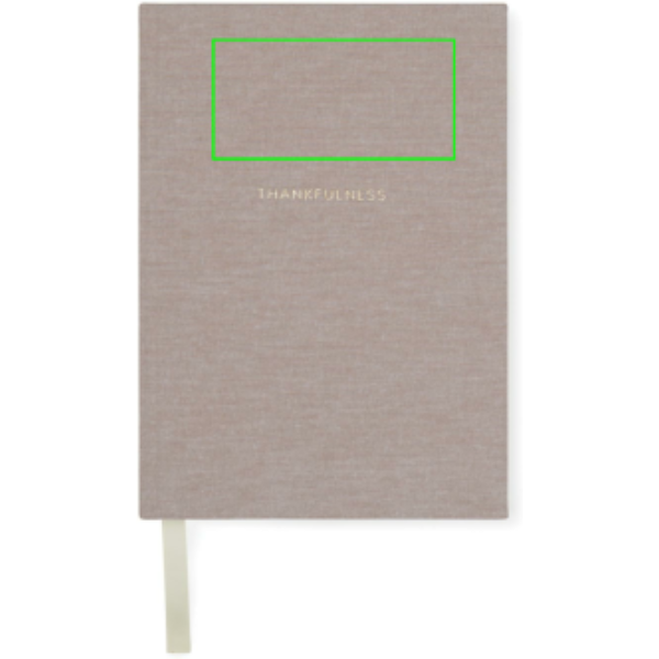 Standskizze: Druckverfahren Digital Transfer auf Position „Artikel Vorderseite oben (max. 100 x 50 mm)“ – VINGA Thankfulness Dankbarkeitstagebuch A5 mit Stoffeinband, GRS-Recyclingpapier