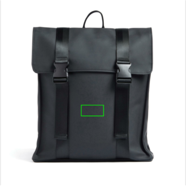 Standskizze: Druckverfahren PU-Etikett Baltimore schwarz auf Position „Artikel Vorderseite“ – VINGA Baltimore Rucksack mit 17-Zoll-Laptopfach zum Bedrucken