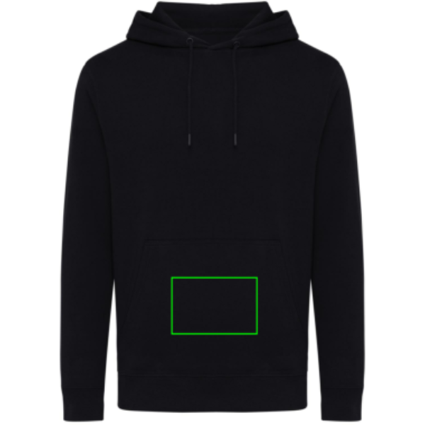 Standskizze: Druckverfahren Siebdruck Transfer auf Position „Tasche“ – iqoniq Rila Hoodie aus 30 % recycelter und 70 % Bio-Baumwolle, bedruckbar