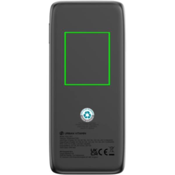Standskizze: Druckverfahren Tampondruck auf Position „Artikel Rückseite (max. 40 x 60 mm)“ – Urban Vitamin San Mateo Powerbank 20.000mAh 45W mit integriertem USB-C-Kabel