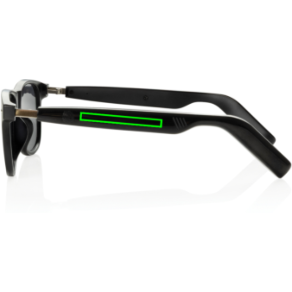 Standskizze: Druckverfahren Tampondruck auf Position „Artikelseite links (max. 45 x 5 mm)“ – XD Collection Miro KI-Audiobrille mit Übersetzungsfunktion und UV400-Gläsern – mit Logo