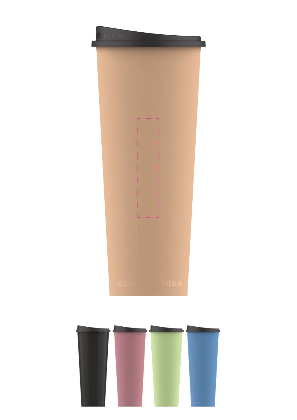 Standskizze: Druckposition „Hochkant (max. 15×70 mm)“ – Kaffeebecher ToGo 0,5 l – Mehrweg aus Kunststoff, spülmaschinenfest
