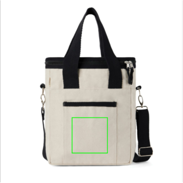 Standskizze: Druckverfahren Siebdruck Transfer auf Position „Artikel Vorderseite (max. 100 x 100 mm)“ – VINGA Volonne AWARE Kühltasche aus recyceltem Canvas mit Logo-Veredelung