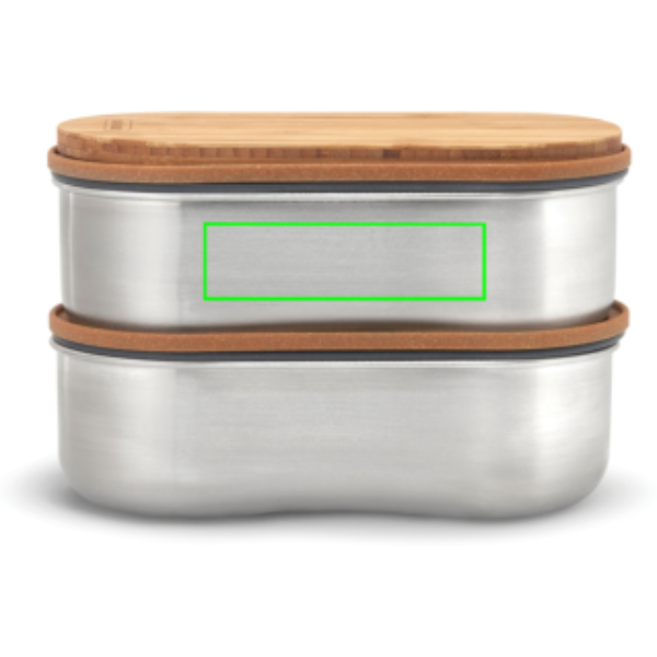 Standskizze: Druckverfahren Lasergravur auf Position „Artikel Rückseite (max. 90 x 25 mm)“ – Black+Blum Bento Box 1L Edelstahl mit Bambusdeckel — gravurfähig