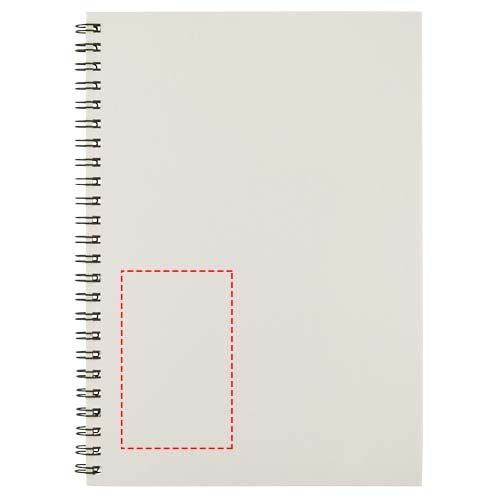 Standskizze: Druckverfahren Farbprägung auf Position „unten links (max. 50 x 80 mm)“ – Desk-Mate® A5 recyceltes farbiges Notizbuch mit Spiralbindung