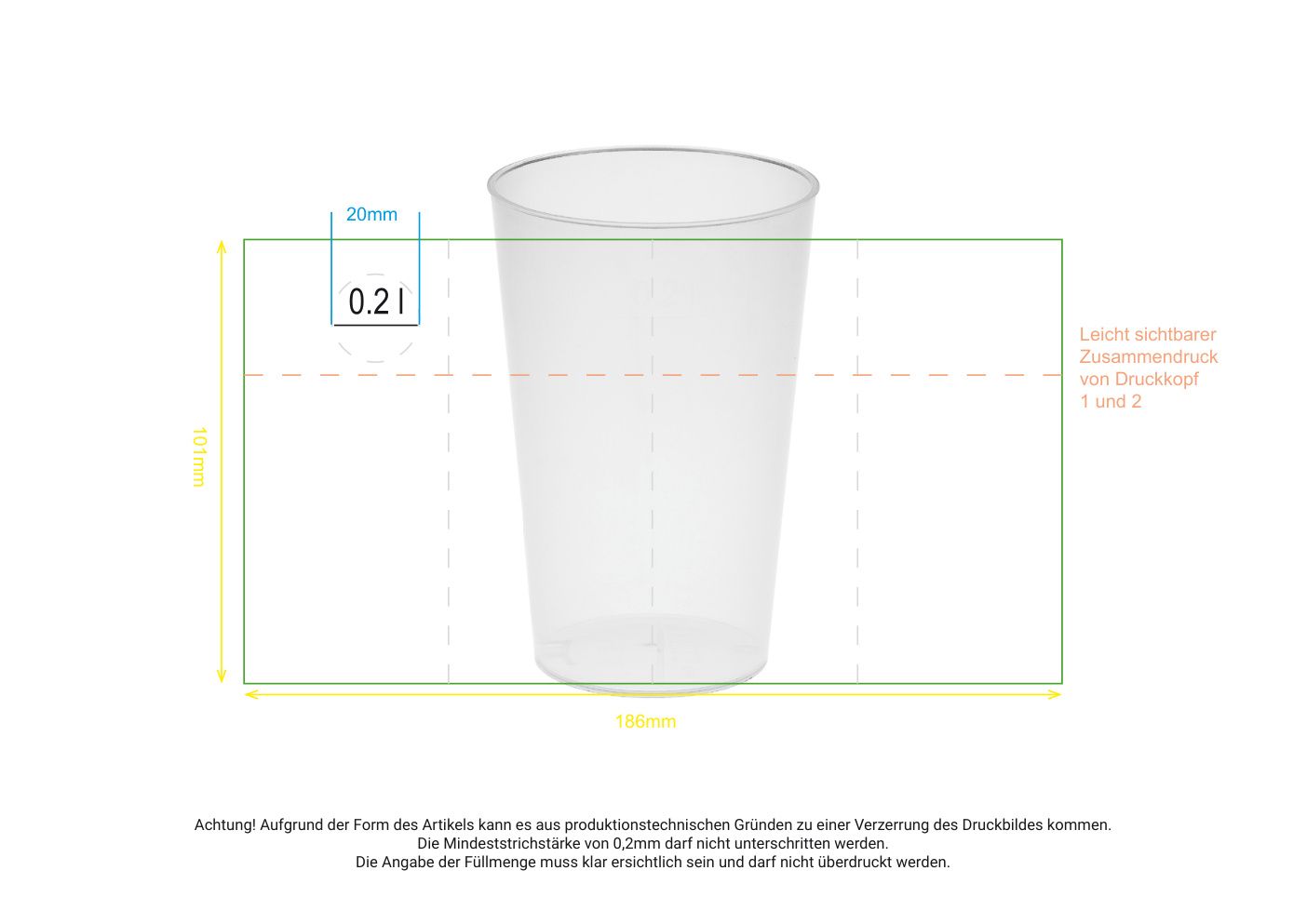 Standskizze: Druckposition „rundum (max. 186×101 mm)“ – Trinkbecher Vital 200 ml – dünnwandig mit Eichstrich