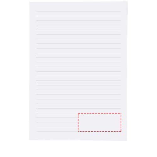 Standskizze: Druckverfahren Druck auf Papier auf Position „Vorderseite der Blätter (Hochformat, Rücken links) (max. 65 x 28 mm)“ – Scribe Plus A5 recyceltes Softcover Notizbuch