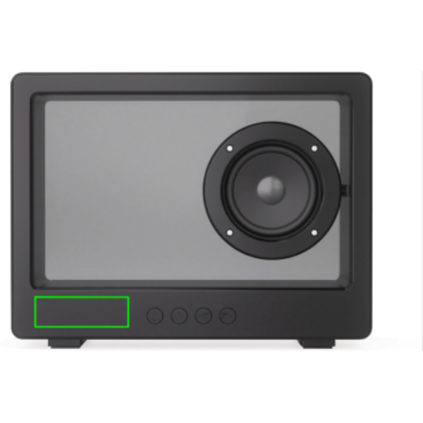 Standskizze: Druckverfahren Tampondruck auf Position „Artikel Vorderseite unten (max. 60 x 20 mm)“ – XD Collection Soundclear transparenter 5W Wireless Lautsprecher mit RGB-Licht, mit Logo