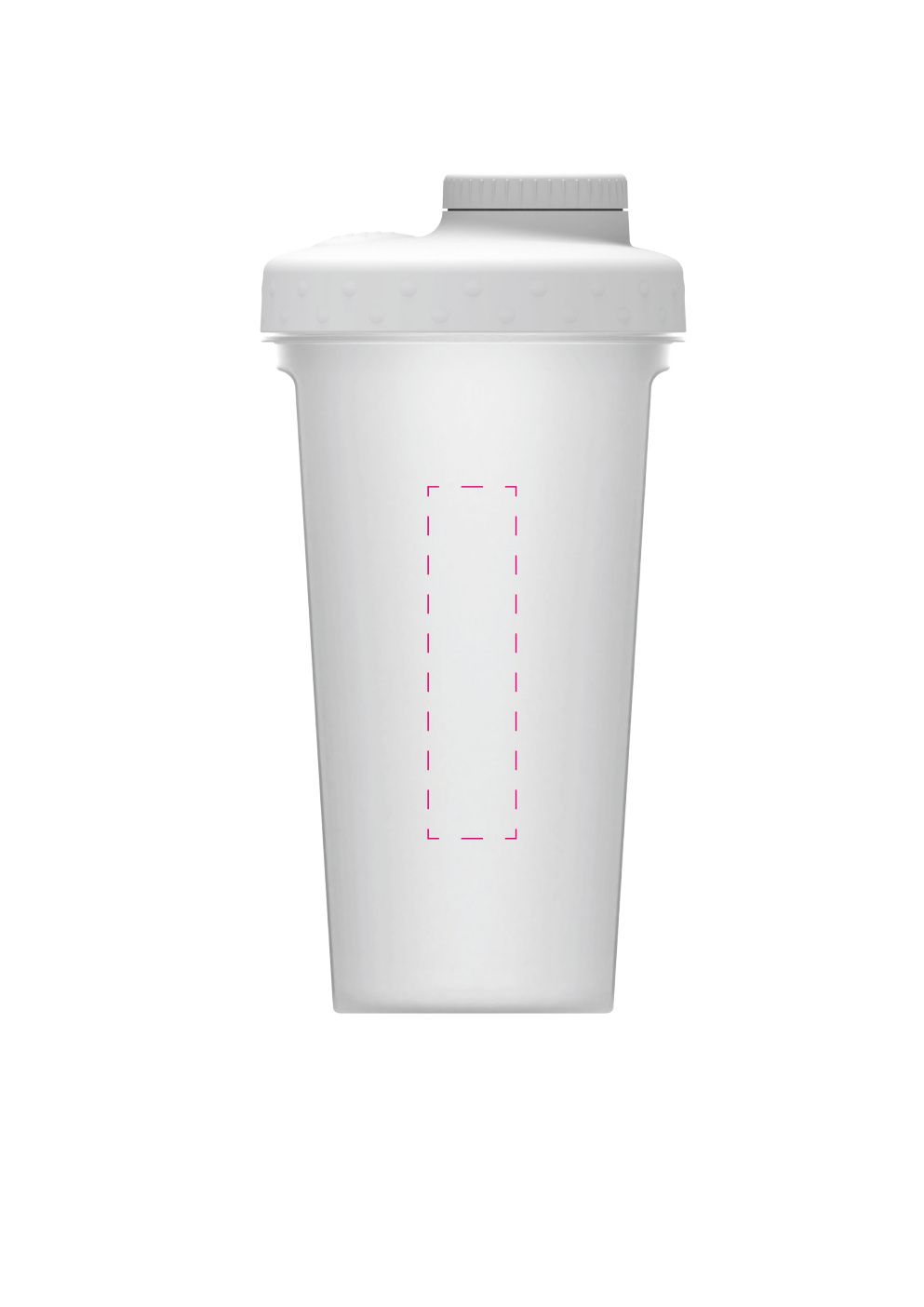 Standskizze: Druckposition „seitlich auf Shaker - links (max. 20×80 mm)“ – Protein-Shaker Energy 600 ml – transparent mit Sieb und Skala
