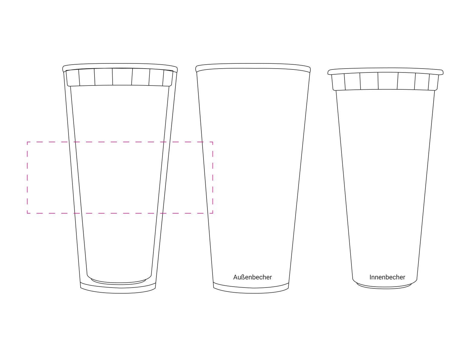Standskizze: Druckposition „mittig (max. 130×50 mm)“ – Isolierbecher Mocha 350 ml – doppelwandig mit Aufkleber-Einleger