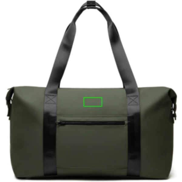 Standskizze: Druckverfahren PU-Etikett Baltimore grün auf Position „Artikel Vorderseite oben“ – VINGA Baltimore RCS 24h Wochenendtasche mit Logo bedrucken