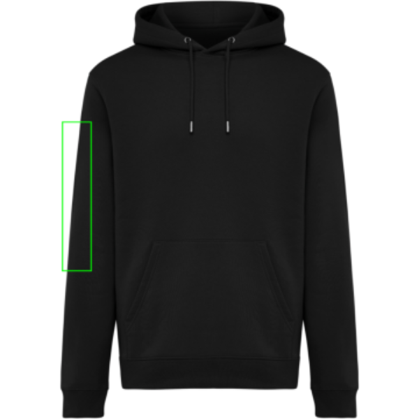 Standskizze: Druckverfahren Digital Transfer auf Position „Ärmel rechts“ – IQONIQ Joshua Hoodie 340 g/m² aus Bio- und recycelter Baumwolle – mit Logo bestickbar und bedruckbar